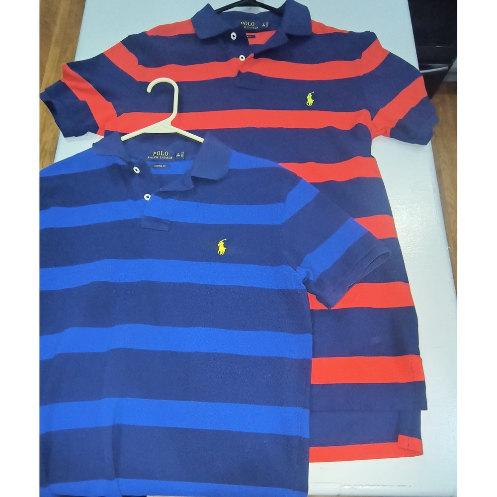 Polo Ralph Lauren Mens Custom Fit Striped Polo Shirt Lot  2 Navy Red Blue M Long